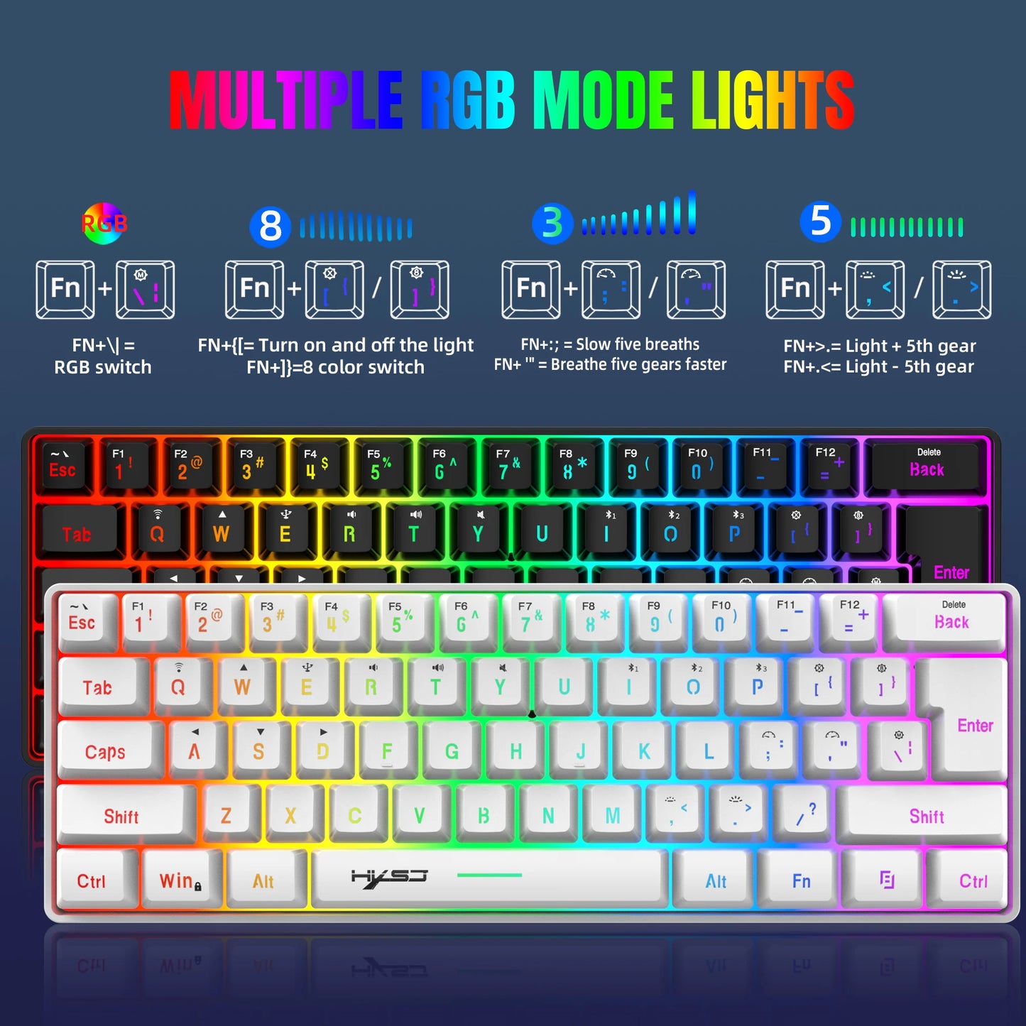 HXSJ L500 Compact 60% RGB Backlit Membrane Keyboard New Design 3-Mode ABS Rechargeable 2000mAh Type-c for Gaming Office Use
