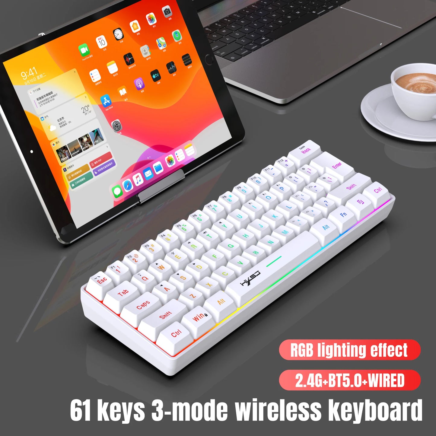 HXSJ L500 Compact 60% RGB Backlit Membrane Keyboard New Design 3-Mode ABS Rechargeable 2000mAh Type-c for Gaming Office Use