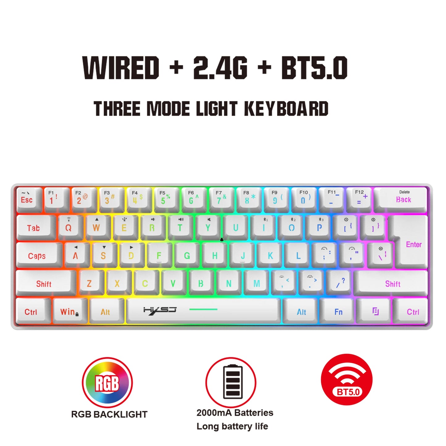 HXSJ L500 Compact 60% RGB Backlit Membrane Keyboard New Design 3-Mode ABS Rechargeable 2000mAh Type-c for Gaming Office Use